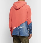 Greg Lauren - Paneled Distressed Loopback Cotton-Jersey and Denim Hoodie - Orange