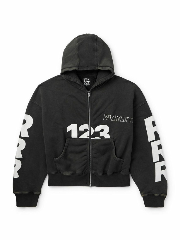 Photo: RRR123 - USO-123 Cropped Printed Cotton-Jersey Zip-Up Hoodie - Black