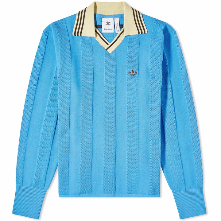 Photo: Adidas Men's x Wales Bonner Knit Football Long Sleeve Top in Lucky Blue