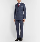 Kingsman - Harry's Navy Double-Breasted Checked Wool, Silk and Linen-Blend Suit Jacket - Blue