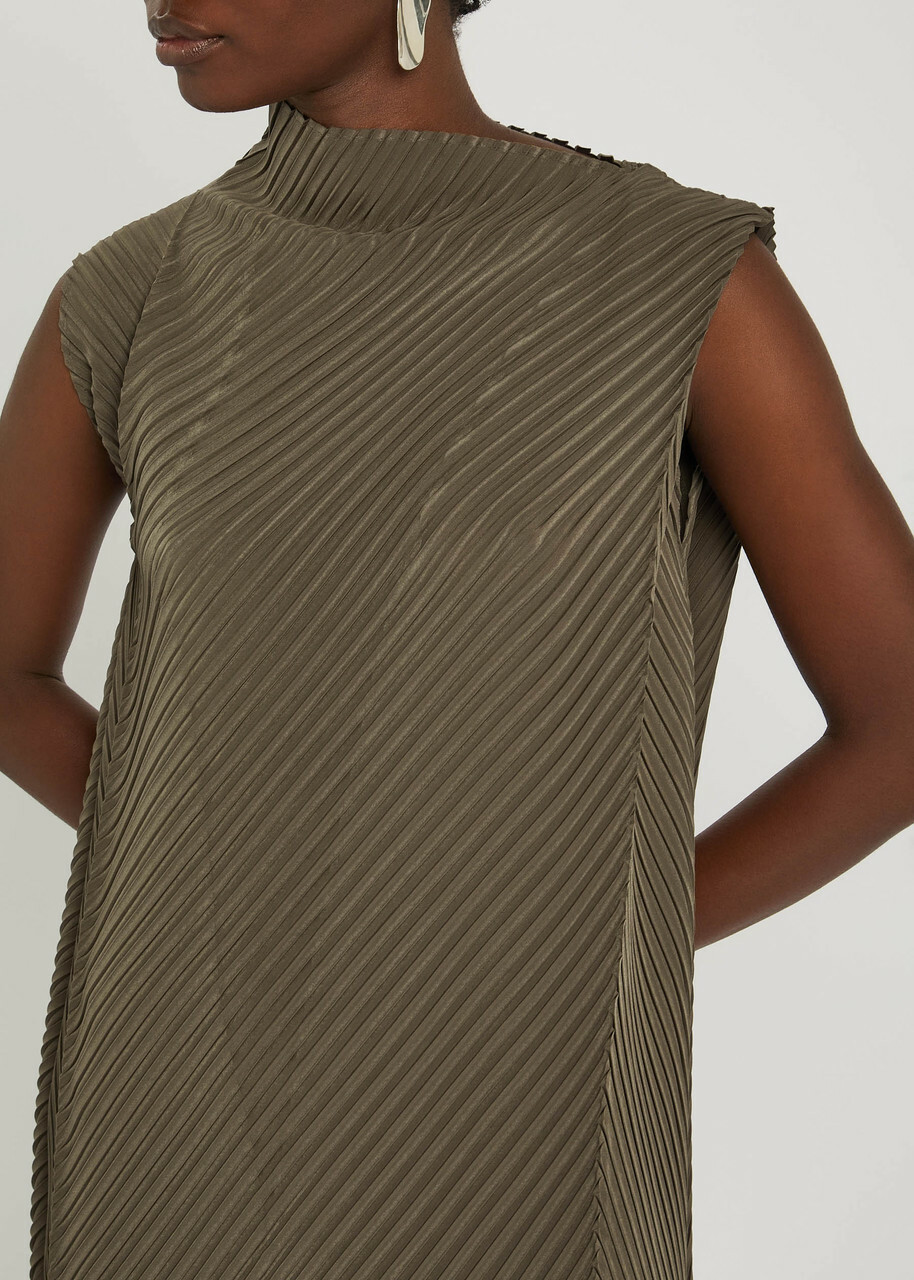 Issey Miyake Pleated Satin-plissé Midi Dress Khaki