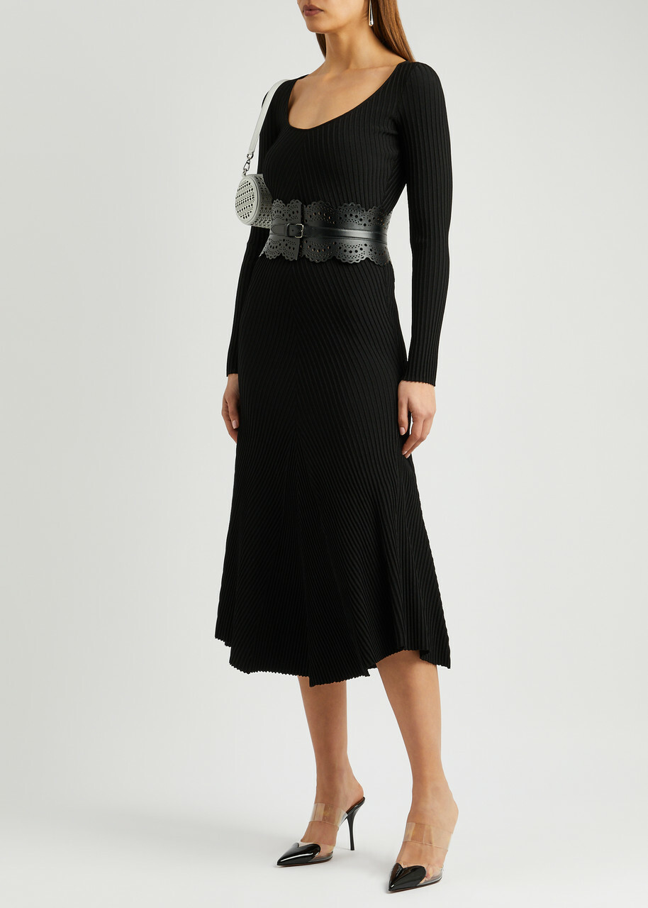 ribbed stretch knit midi dress Michael Kors Chain Ribbed Knit Midi Dress