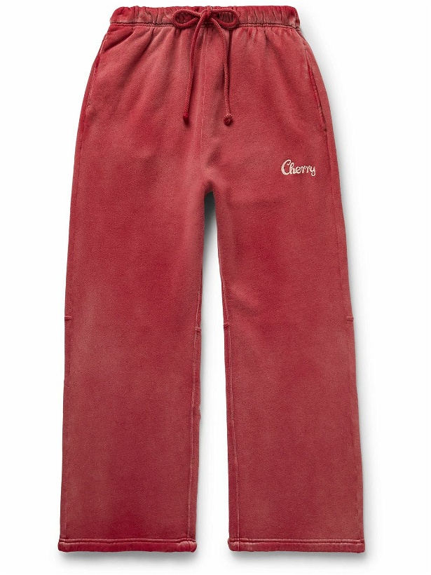 Photo: CHERRY LA - Straight-Leg Logo-Embroidered Cotton-Jersey Sweatpants - Red