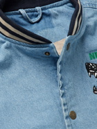 FRIENDS WITH ANIMALS - Logo-Appliquéd Embroidered Denim and Drill Varsity Jacket - Blue