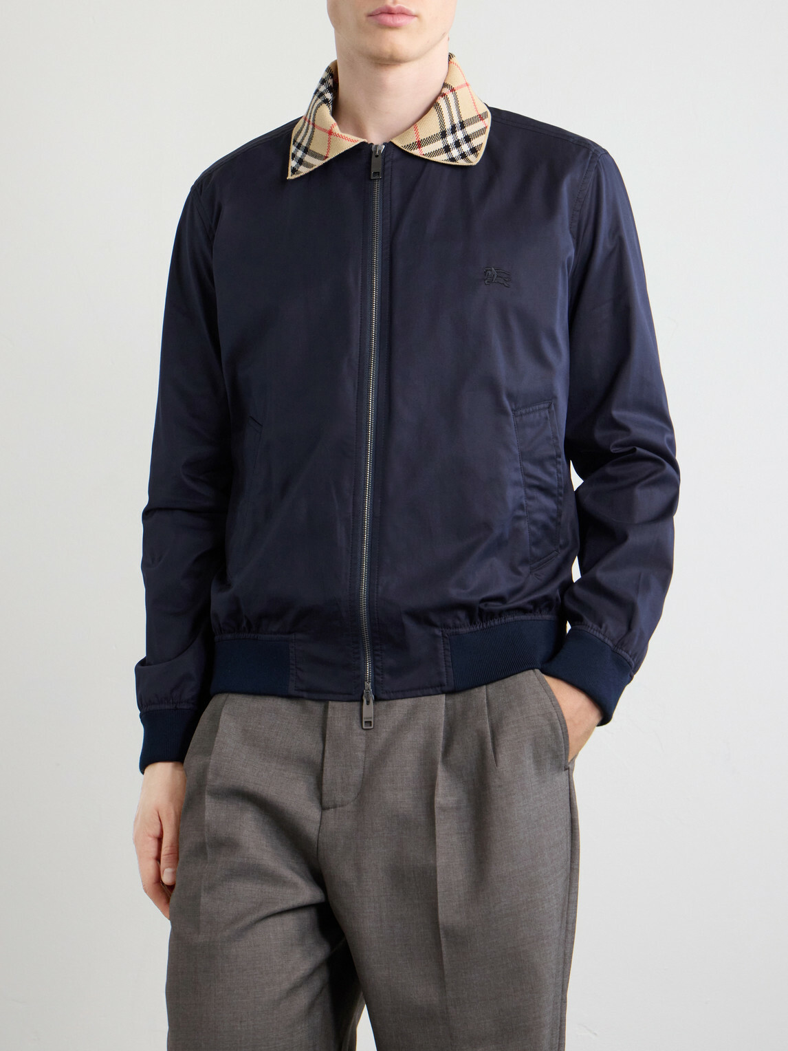 Burberry - Logo-Embroidered Checked Cotton-Gabardine Blouson Jacket - Blue