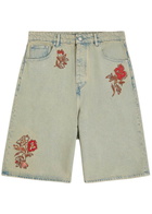 DRÔLE DE Monsieur Dusty Brodé Fleurs Embroidered Denim Shorts