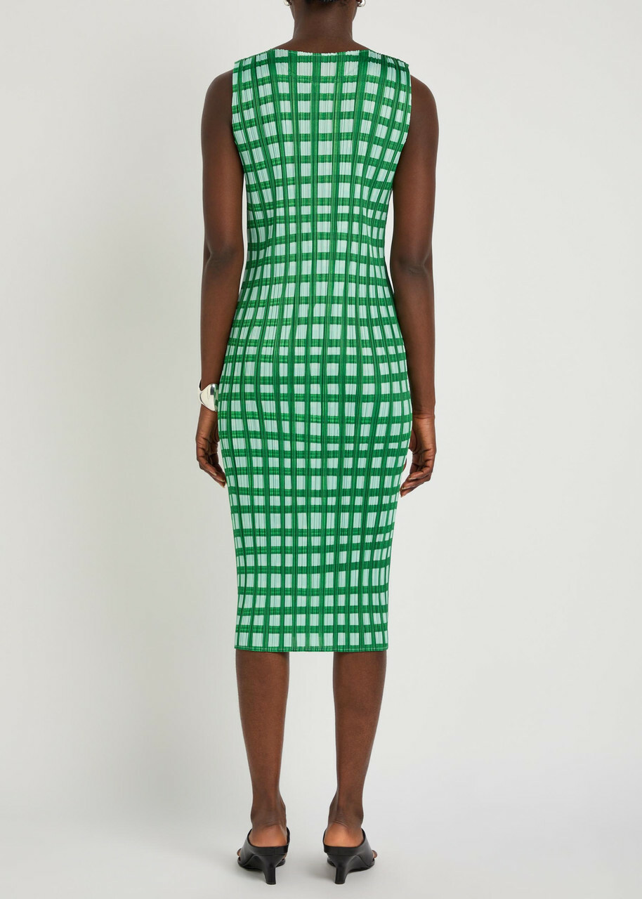 Pleats Please Issey Miyake Gingham Pleated Woven Midi Dress Green