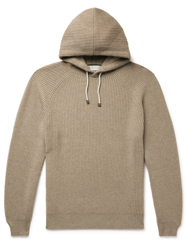 Photo: BRUNELLO CUCINELLI - Contrast-Tipped Ribbed Cashmere Hoodie - Neutrals