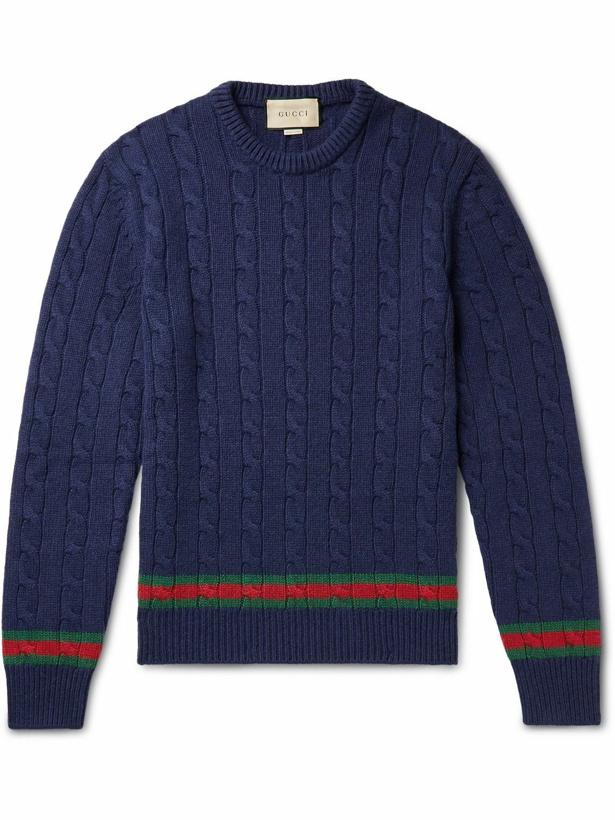 Photo: GUCCI - Stripe-Trimmed Cable-Knit Cashmere and Wool-Blend Sweater - Blue