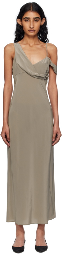 Photo: St. Agni Gray Silk Drape Midi Dress