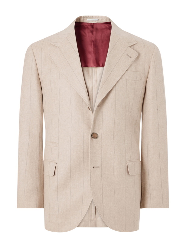 Photo: Brunello Cucinelli - Pinstripe Wool, Silk and Cashmere-Blend Flannel Suit Jacket - Brown