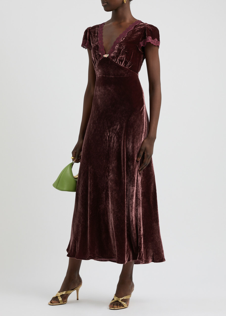 Rixo Clarice Lace-trimmed Velvet Midi Dress Dark Red Rixo