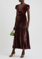 Rixo Clarice Lace-trimmed Velvet Midi Dress Dark Red