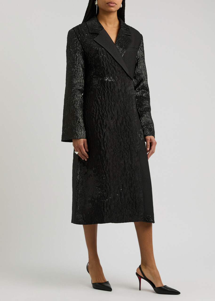 Stine Goya Panelled Metallic Cloque Coat Black