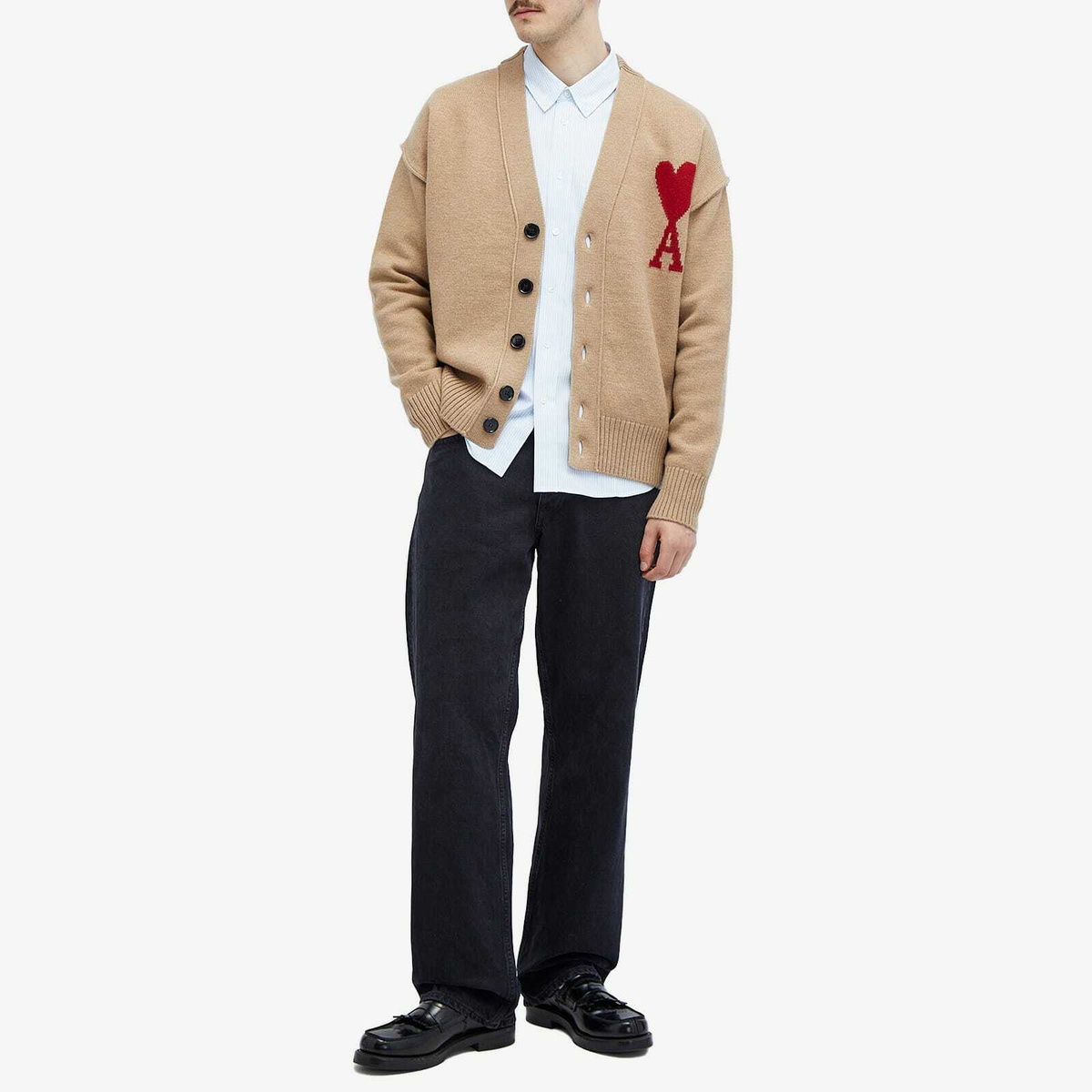 AMI Paris Men's A Heart Cardigan in Camel/Red AMI