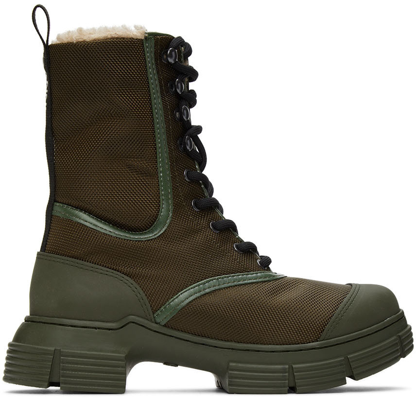 GANNI Khaki Recycled Mixed Lace-Up Boots GANNI
