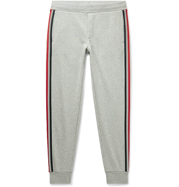 Photo: Moncler - Slim-Fit Tapered Striped Webbing-Trimmed Logo-Appliquéd Cotton-Jersey Sweatpants - Gray