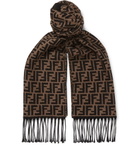 Fendi - Fringed Logo-Intarsia Wool Scarf - Brown