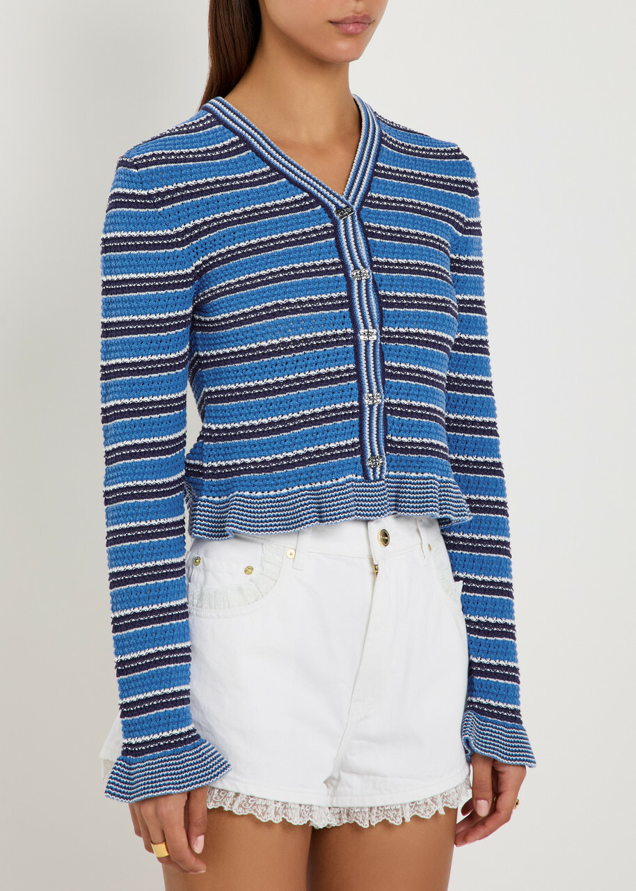 Ganni Striped Cotton-knit Cardigan Light Blue