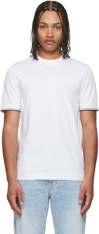 Photo: BOSS White Cotton-Jersey Signature-Stripe Cuffs T-shirt