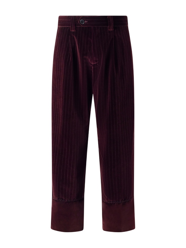 Photo: Enfants Riches Déprimés - Tapered Pleated Striped Cotton-Velvet Trousers - Burgundy