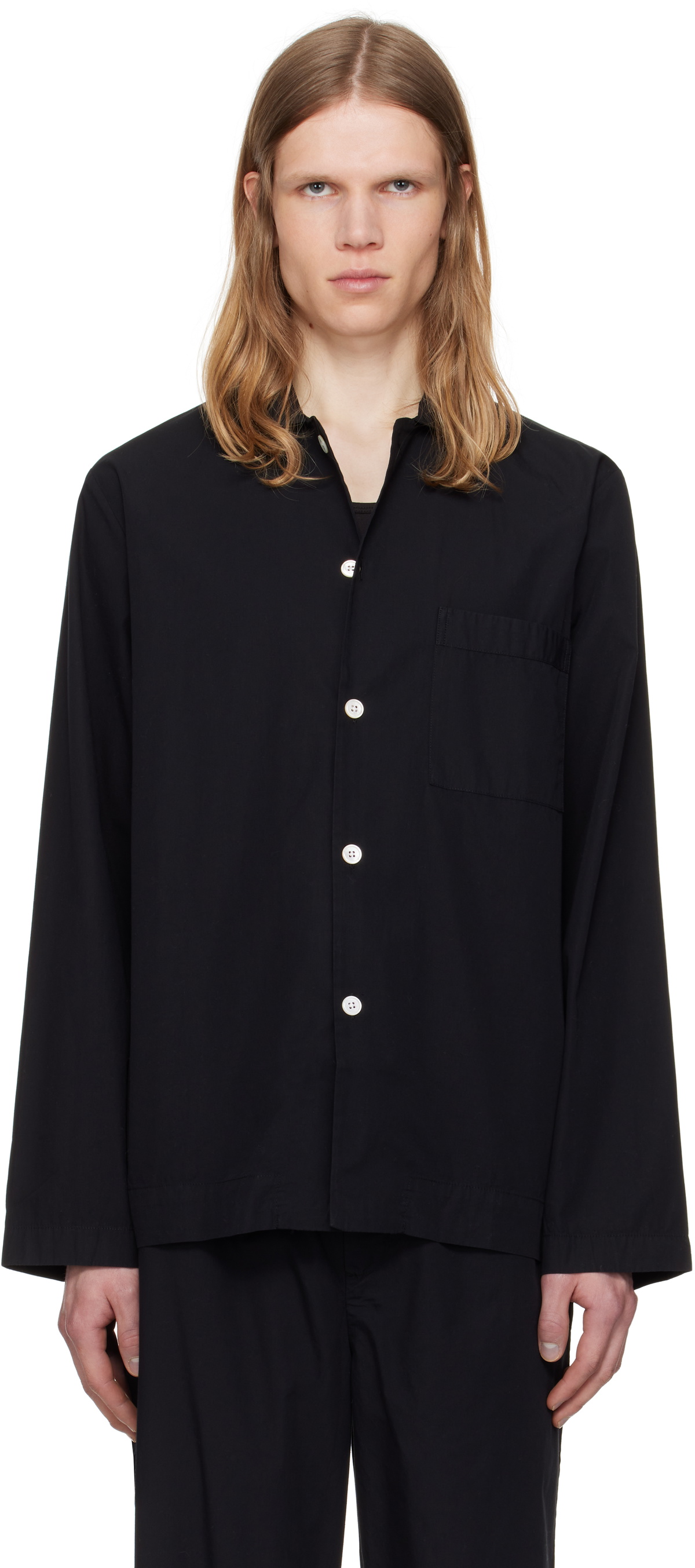 Tekla Black Poplin Long-Sleeved Pyjama Shirt Tekla Fabrics