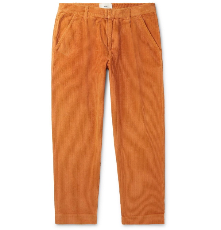 Photo: Folk - Signal Tapered Cropped Pleated Cotton-Corduroy Trousers - Orange