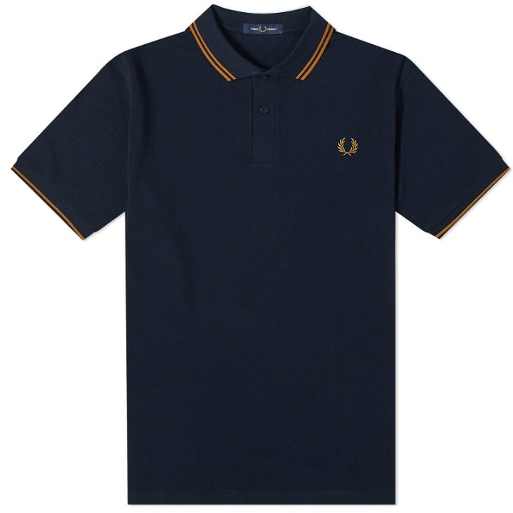 Photo: Fred Perry Men's Slim Fit Twin Tipped Polo Shirt in Navy/Dark Caramel