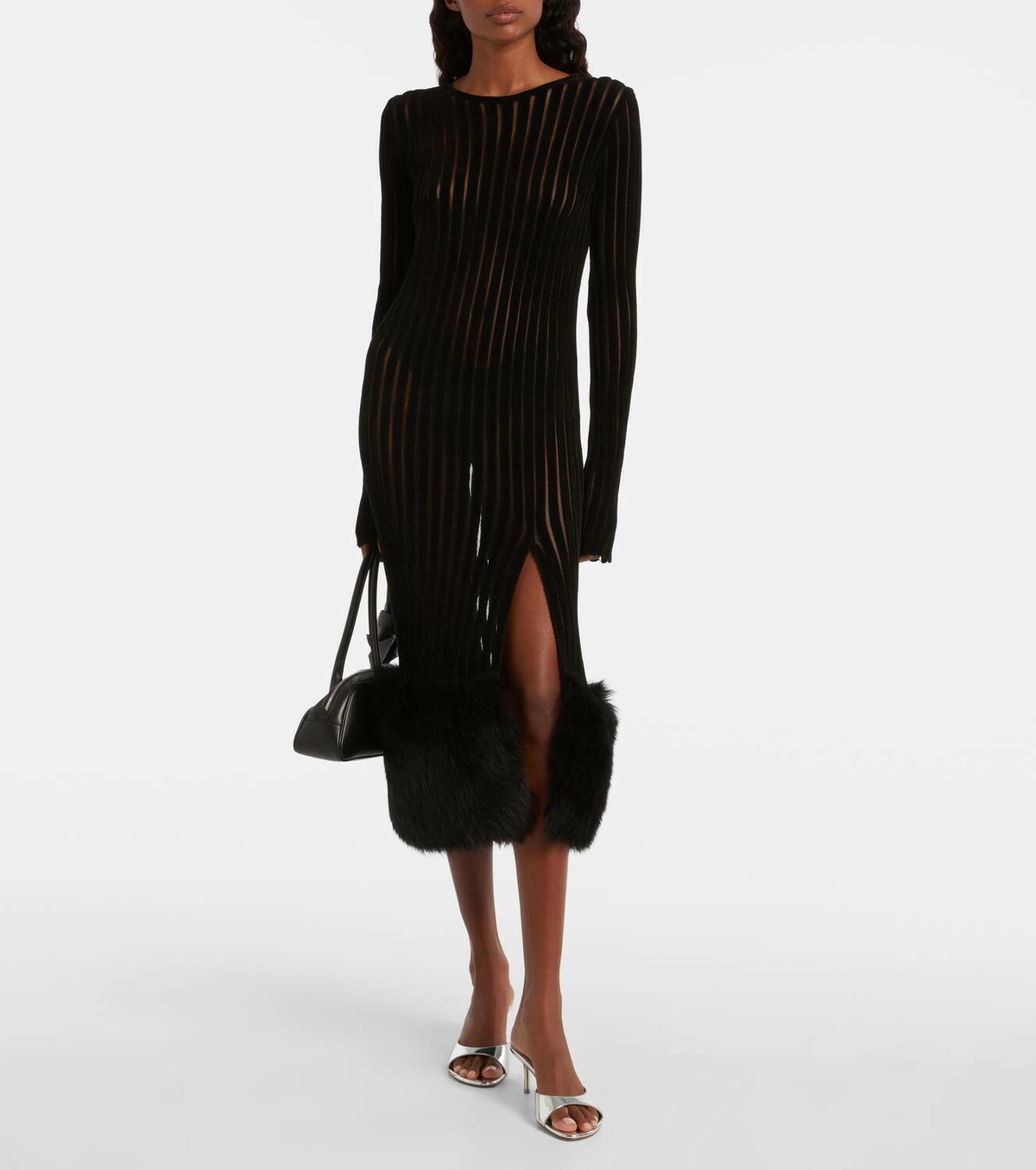 Blumarine Knit faux fur-trimmed midi dress