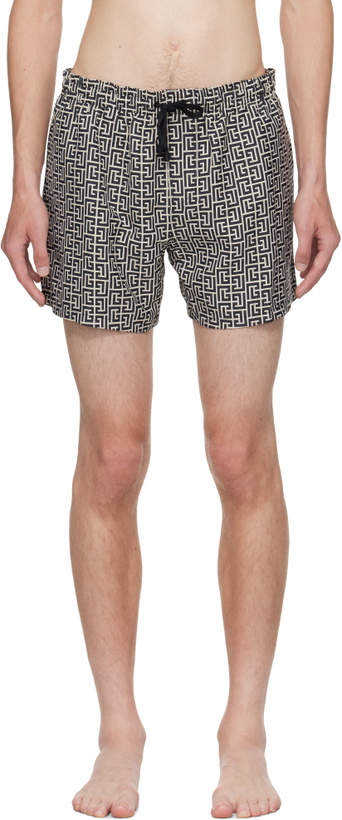 Photo: Balmain Beige & Black Monogram Swim Shorts