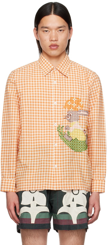 Photo: HARAGO Orange & Off-White Cross-Stitched Shirt