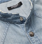 Balmain - Grandad-Collar Logo-Embossed Distressed Denim Shirt - Blue