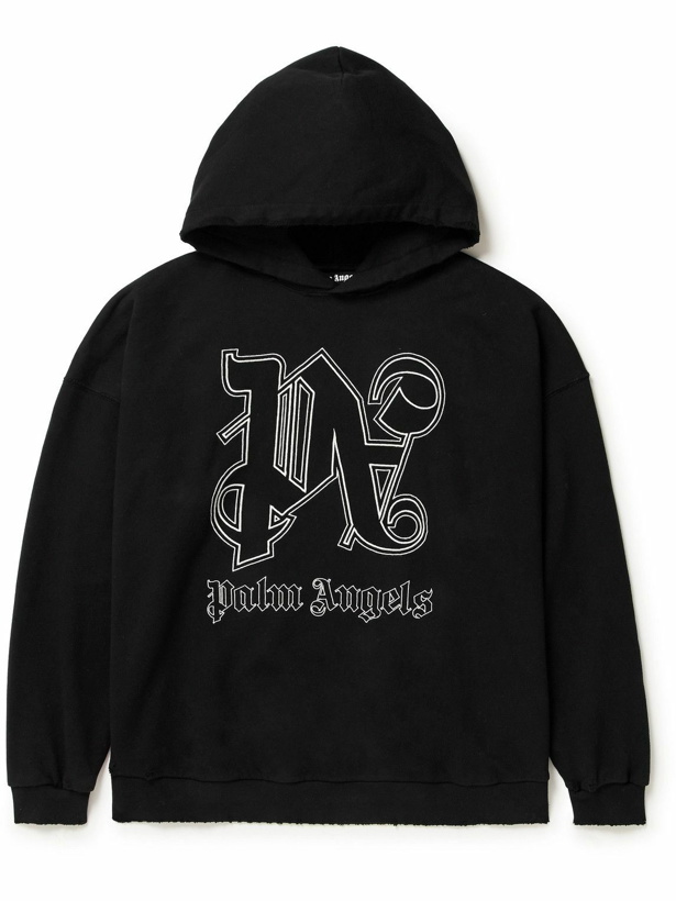Photo: Palm Angels - Logo-Embroidered Distressed Cotton-Jersey Hoodie - Black