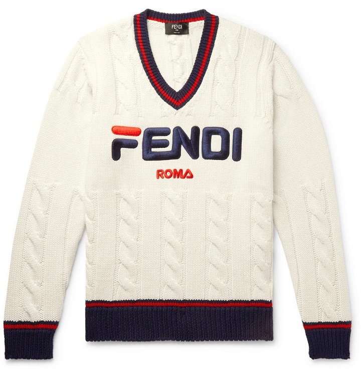 Photo: Fendi - Slim-Fit Logo-Appliquéd Cable-Knit Sweater - Men - White