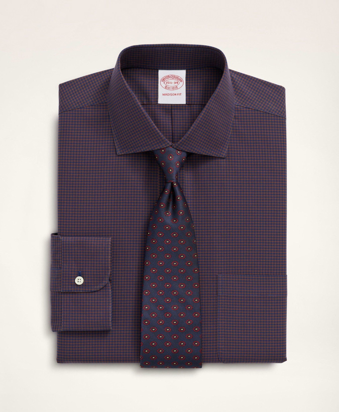 Photo: Brooks Brothers Men's Stretch Madison Relaxed-Fit Dress Shirt, Non-Iron Poplin English Spread Collar Gingham | Purple