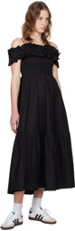 GANNI Black Shirred Midi Dress