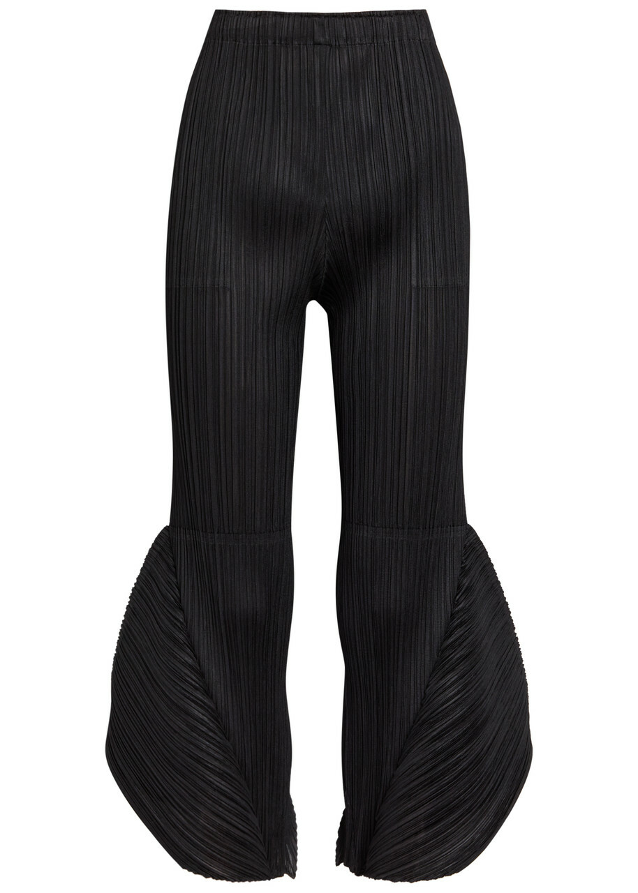 Pleats Please Issey Miyake Pleated Flared-leg Woven Cropped Trousers Black