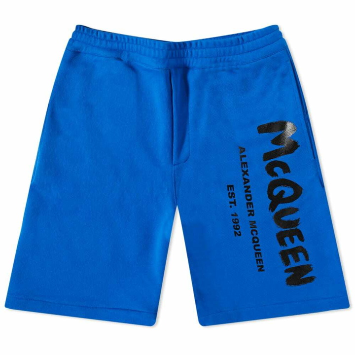 Photo: Alexander McQueen Men's Graffitti Logo Sweat Short in Royal Blue/Black