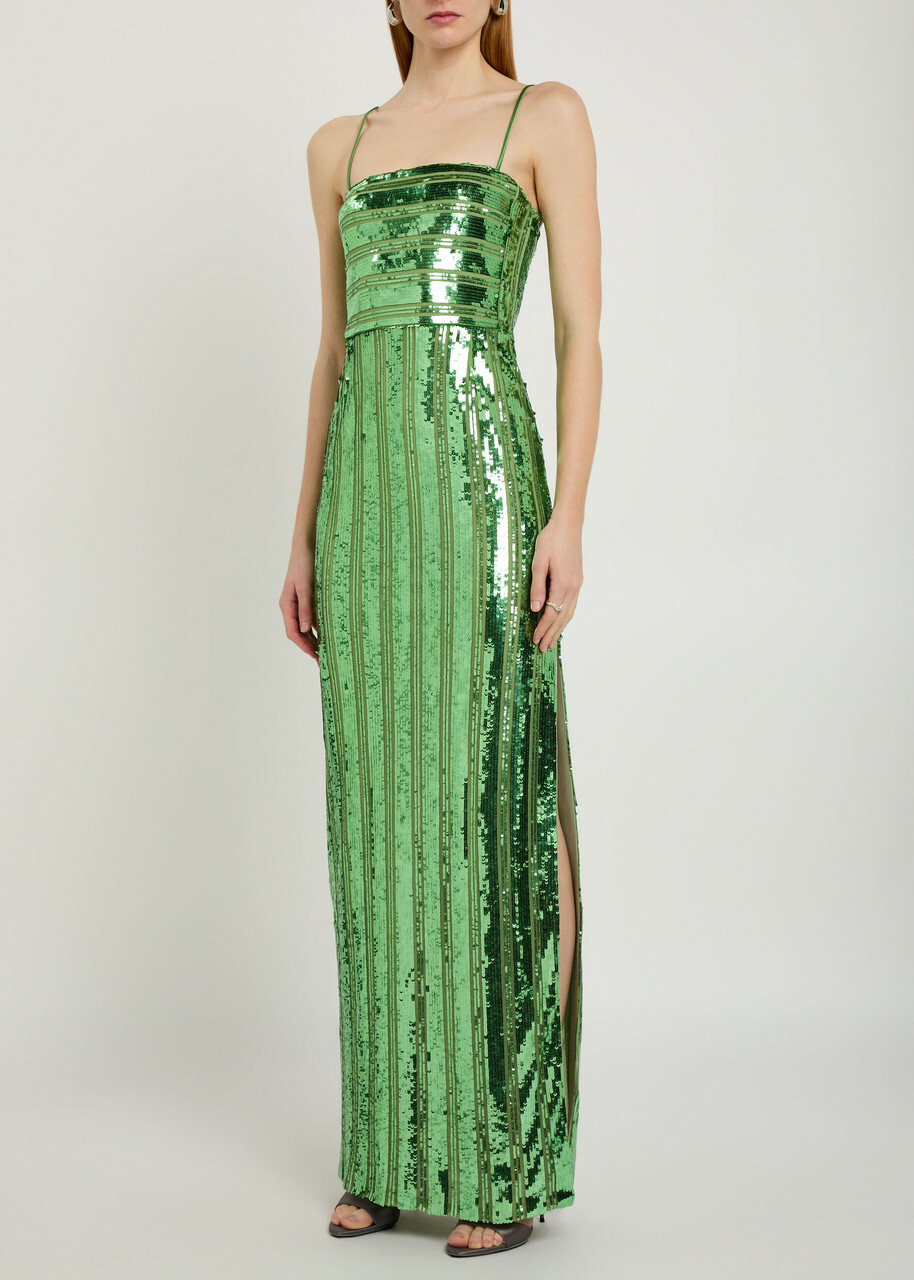 Galvan Stargaze Bandeau Sequin-embellished Tulle Maxi Dress Green