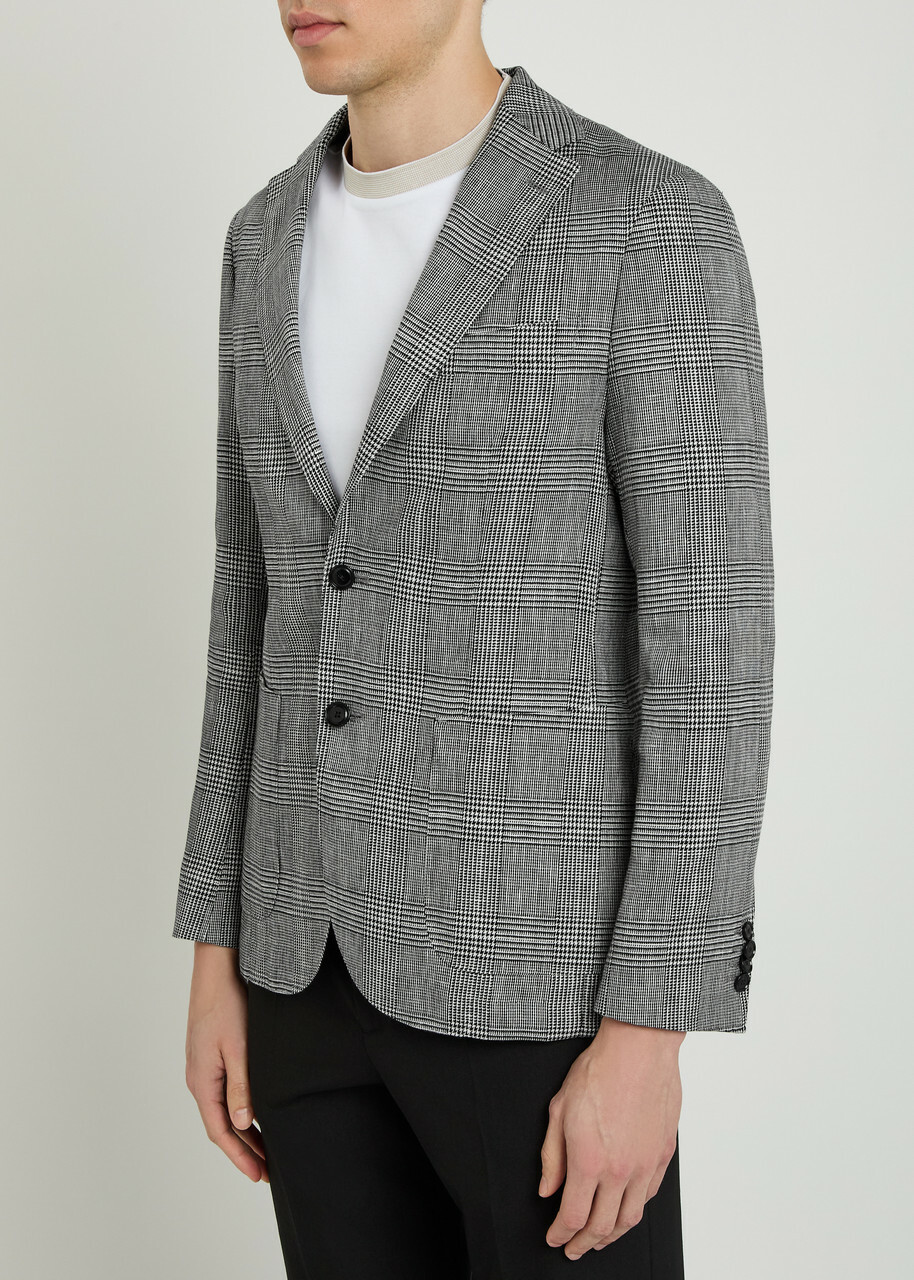 Boss Hanry Checked Cotton and Linen-wool Blazer Grey