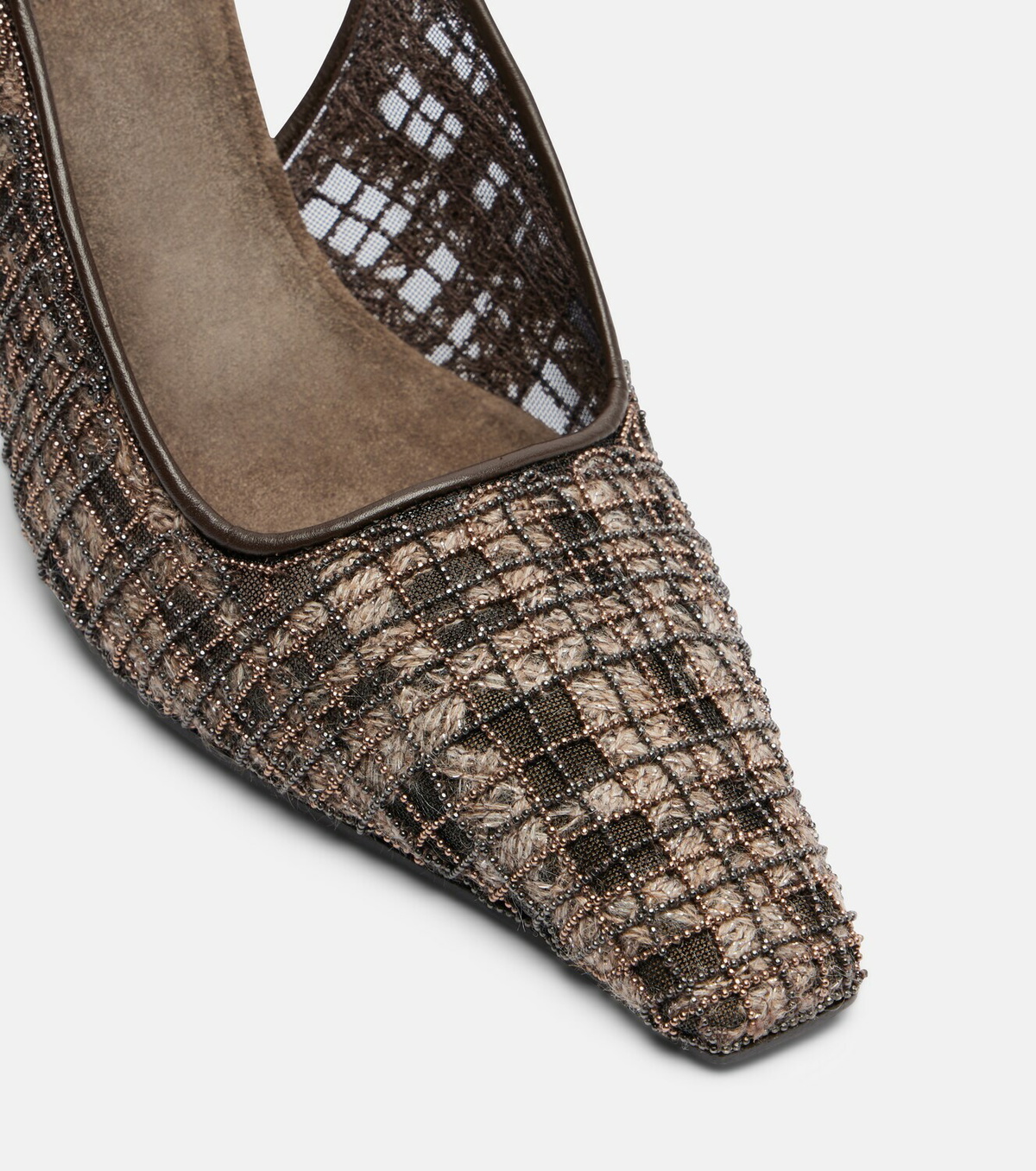Brunello Cucinelli Beaded checked leather-trimmed slingback pumps