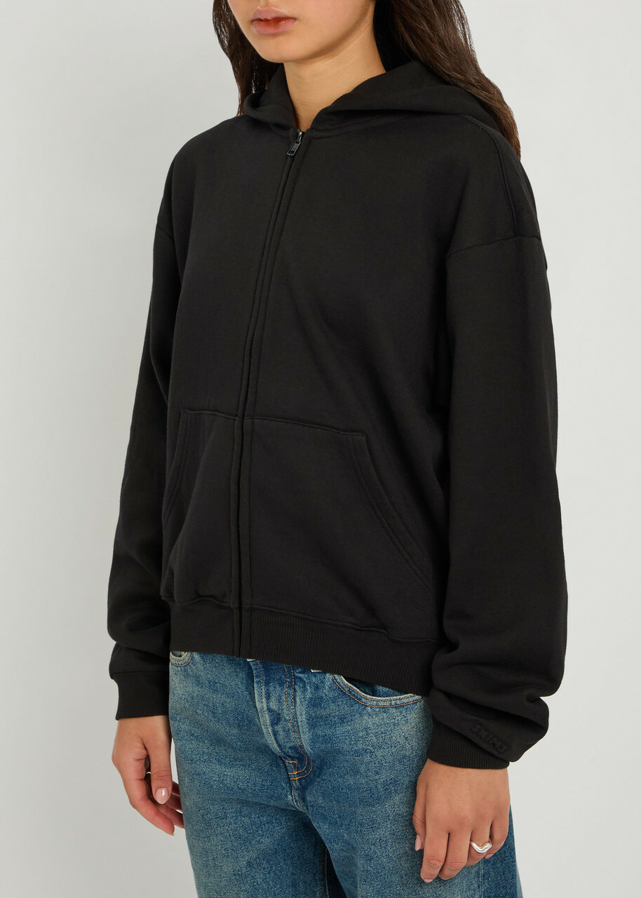 Skims Zip-up Cotton-blend Hooded Sweatshirt Black