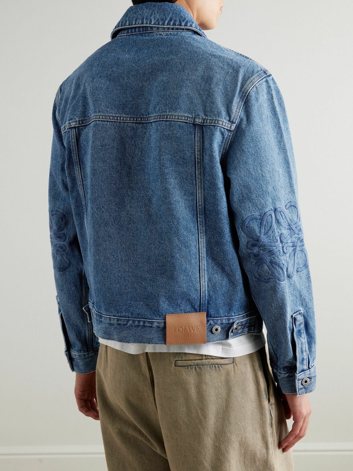 LOEWE - Anagram Leather-Trimmed Embroidered Denim Trucker Jacket - Blue