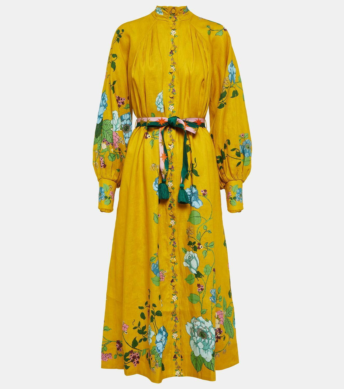 knee length dresses for ladies APNY Yellow Gold Floral Print Shirt Waist Midi Dress S