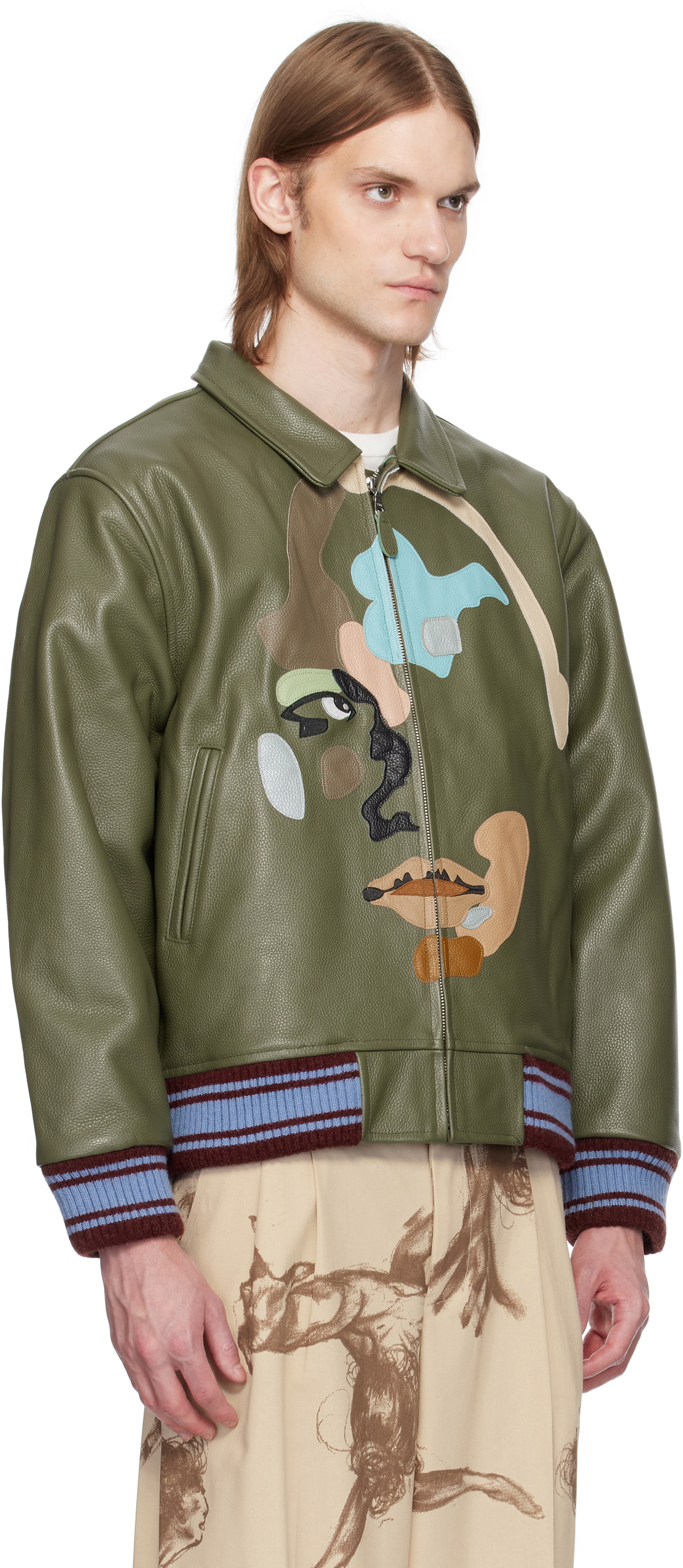 KidSuper Green Patchwork Face Leather Varsity Jacket