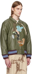 KidSuper Green Patchwork Face Leather Varsity Jacket