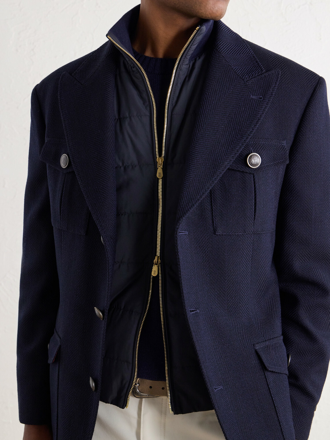 Brunello Cucinelli - Herringbone Wool and Cotton-Blend Twill Jacket with Detachable Shell Liner - Blue