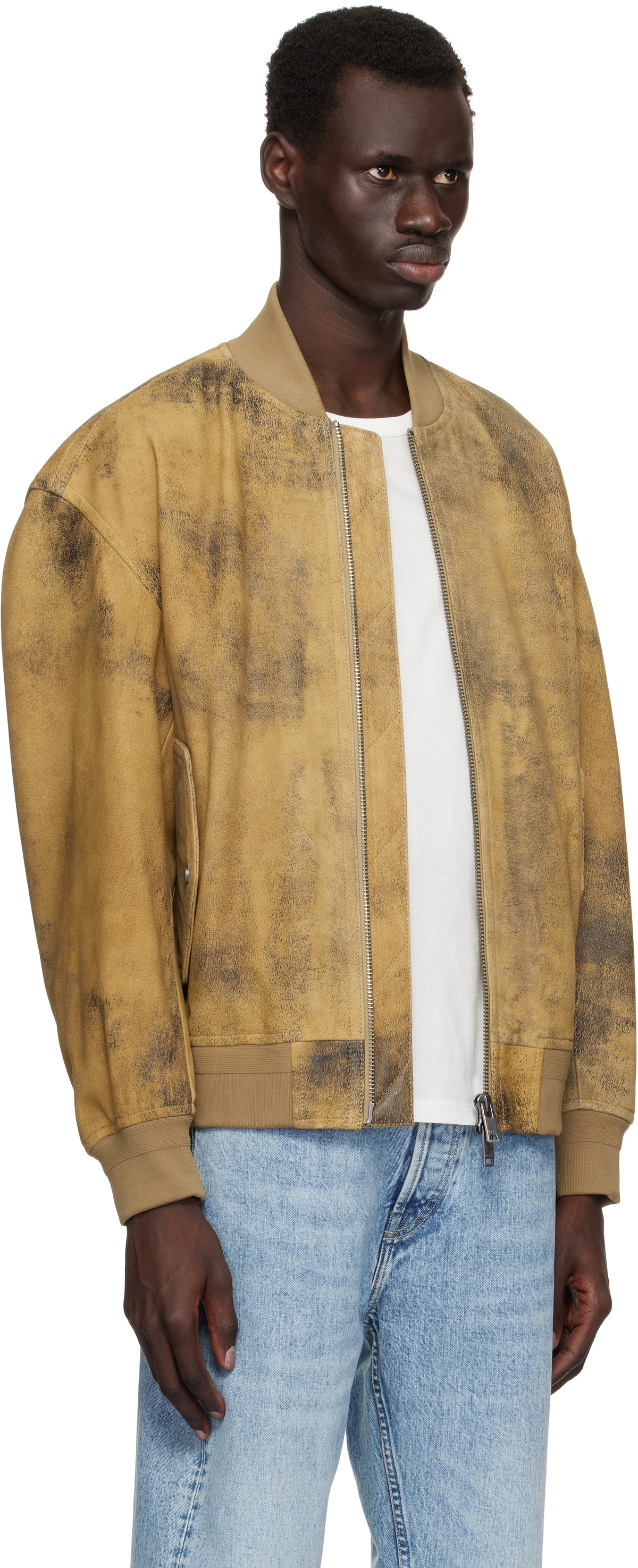 BOSS Tan Distressed Suede Bomber Jacket