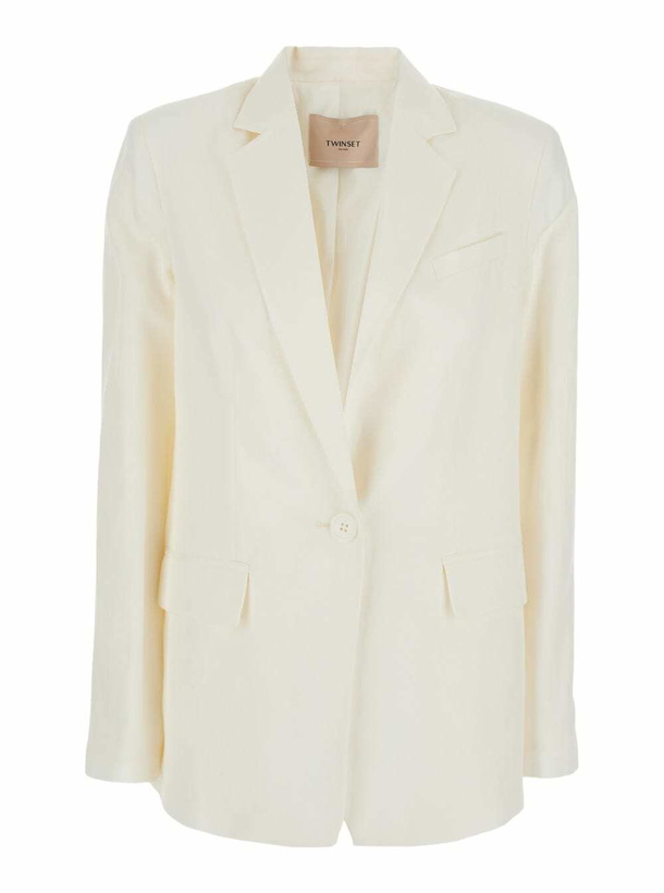 Photo: TwinSet White Single-breasted Jacket With Notched Revers And Dropped Shoulders In Linen Blend Woman
