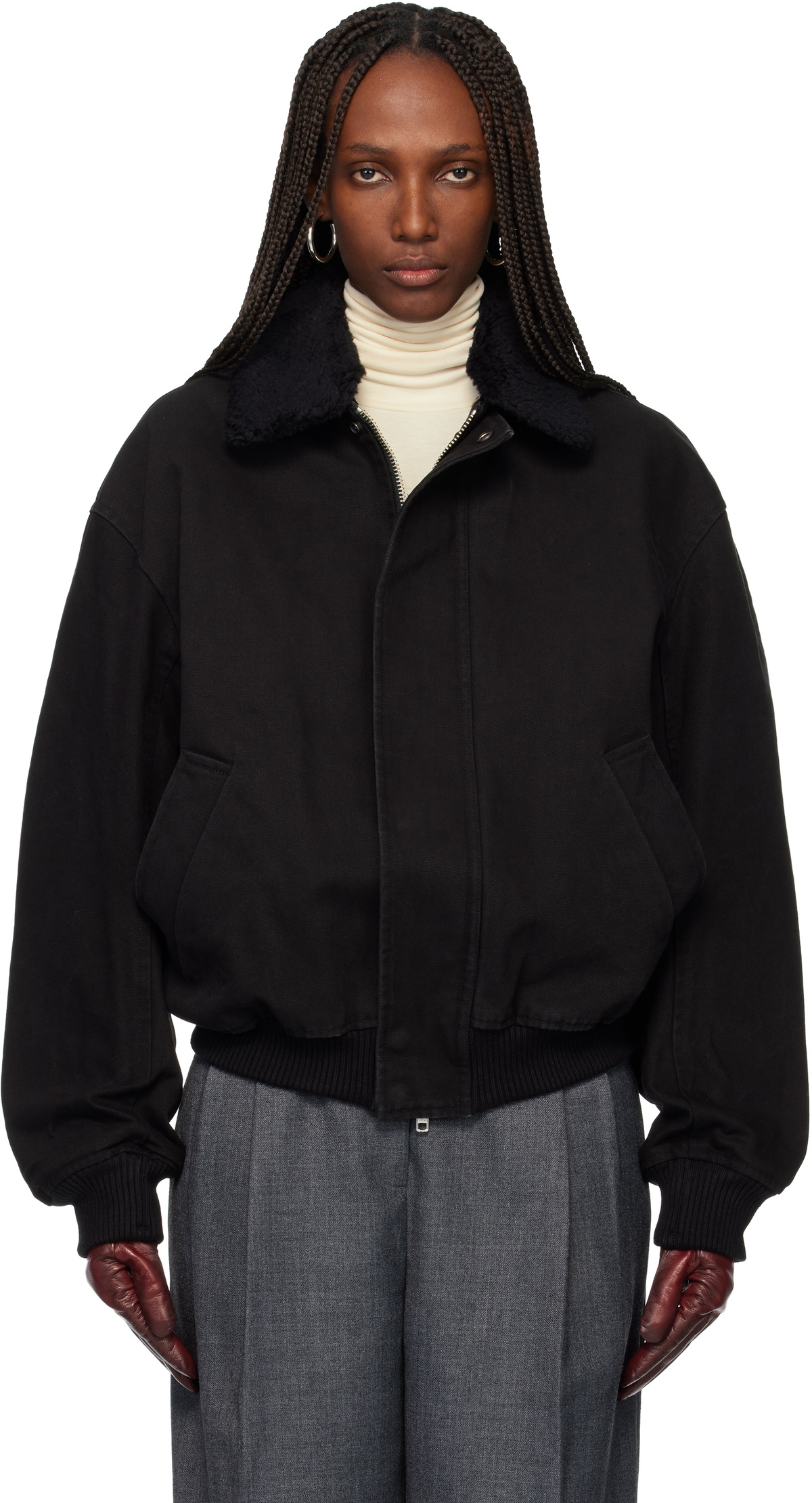 TONYWACK Black Washed Cotton Faux-Shearling Trim Bomber Jacket
